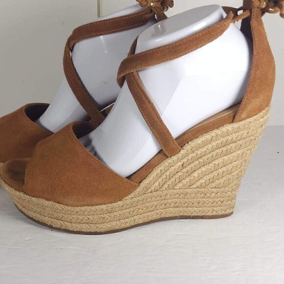 UGG WOMEN'S REAGAN US 11 CHESTNUT SUEDE STRAPPY PLATFORM WEDGE SANDALS - Picture 2 of 11